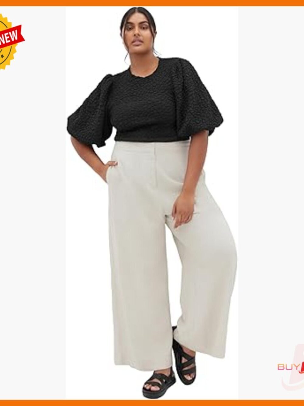 Plus Size Blouse with Balloon Sleeves, High Neck, Pull-On Style